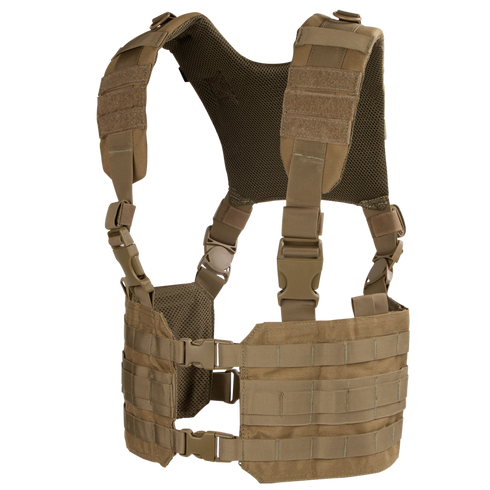 The Condor Ronin Chest Rig in tan features adjustable straps, buckles, and MOLLE webbing for gear attachment, shown on a white background.