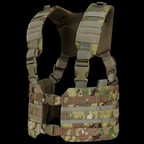 The Condor Ronin Chest Rig in Scorpion OCP features adjustable straps, plastic buckles, and MOLLE webbing for modular attachments, shown here from the back.