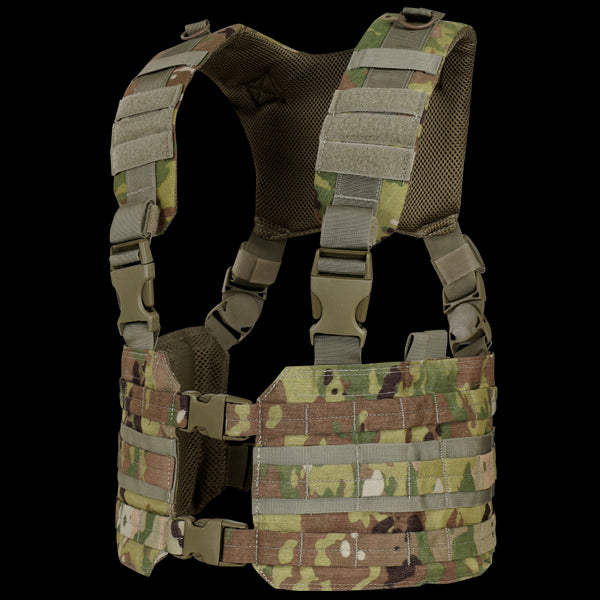 The Condor Ronin Chest Rig in Scorpion OCP features adjustable straps, plastic buckles, and MOLLE webbing for modular attachments, shown here from the back.