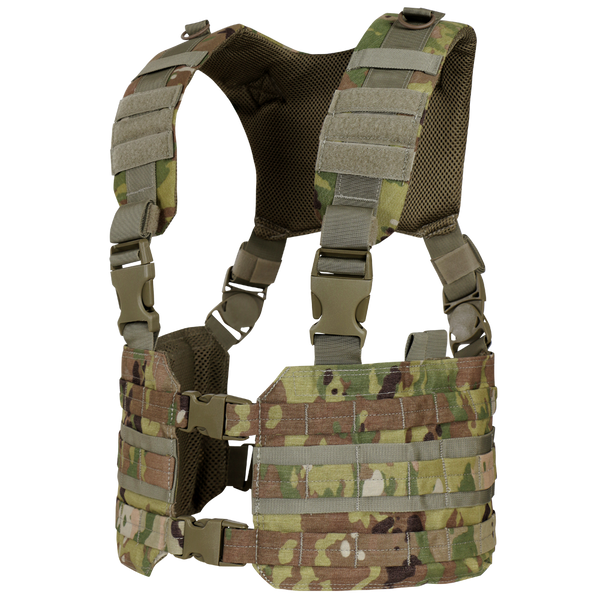 The Condor Ronin Chest Rig in Scorpion OCP features adjustable straps, plastic buckles, and MOLLE webbing for modular attachments, shown here from the back.