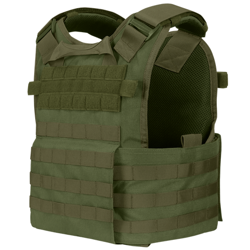 The Condor Modular Operator Plate Carrier Gen II is an olive green tactical vest featuring multiple modular attachment points and adjustable straps, designed for protective use.