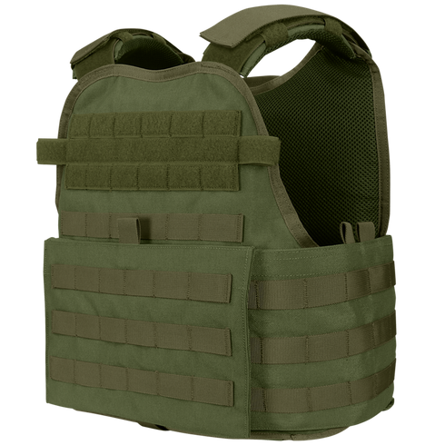 Condor Modular Operator Plate Carrier Gen II in olive green features adjustable straps, MOLLE webbing, and padded support for body armor protection.
