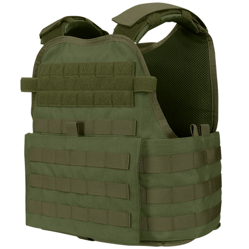 Condor Modular Operator Plate Carrier Gen II in olive green features adjustable straps, MOLLE webbing, and padded support for body armor protection.