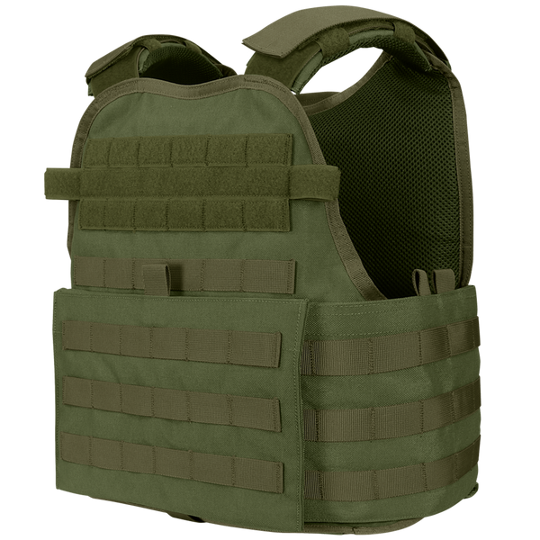 Condor Modular Operator Plate Carrier Gen II in olive green features adjustable straps, MOLLE webbing, and padded support for body armor protection.