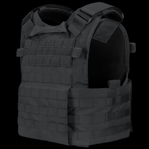 The Condor Modular Operator Plate Carrier Gen II is a black tactical vest featuring adjustable shoulder straps and multiple rows of webbing for gear attachment.