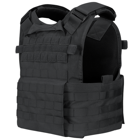 The Condor Modular Operator Plate Carrier Gen II is a black tactical vest featuring adjustable shoulder straps and multiple rows of webbing for gear attachment.