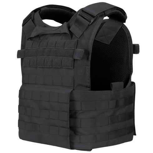 The Condor Modular Operator Plate Carrier Gen II is a black tactical vest featuring adjustable shoulder straps and multiple rows of webbing for gear attachment.