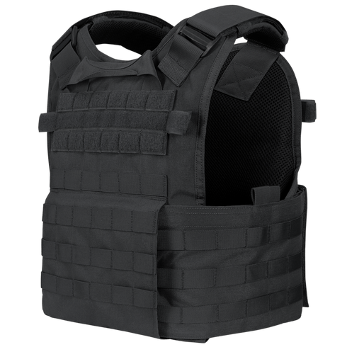 The Condor Modular Operator Plate Carrier Gen II, shown in black on a white background, features adjustable shoulder straps and multiple rows of webbing for attaching gear.