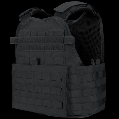 The Condor Modular Operator Plate Carrier Gen II is a black tactical vest featuring adjustable shoulder straps and multiple rows of webbing for attachments.
