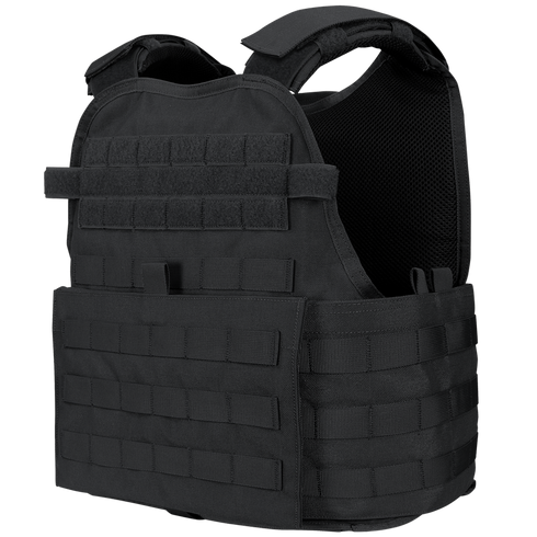 The Condor Modular Operator Plate Carrier Gen II is a black tactical vest featuring adjustable shoulder straps and multiple rows of webbing for attachments.