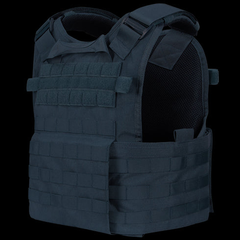 The Condor Modular Operator Plate Carrier Gen II is a dark blue tactical vest with adjustable shoulder and side straps, featuring multiple attachment points for gear and accessories.