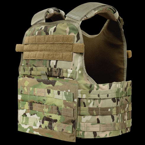 The Condor Modular Operator Plate Carrier Gen II in MultiCam features multiple attachment points and padding, designed for military or law enforcement use.