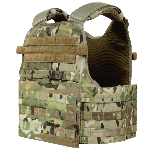 The Condor Modular Operator Plate Carrier Gen II in MultiCam features multiple attachment points and padding, designed for military or law enforcement use.