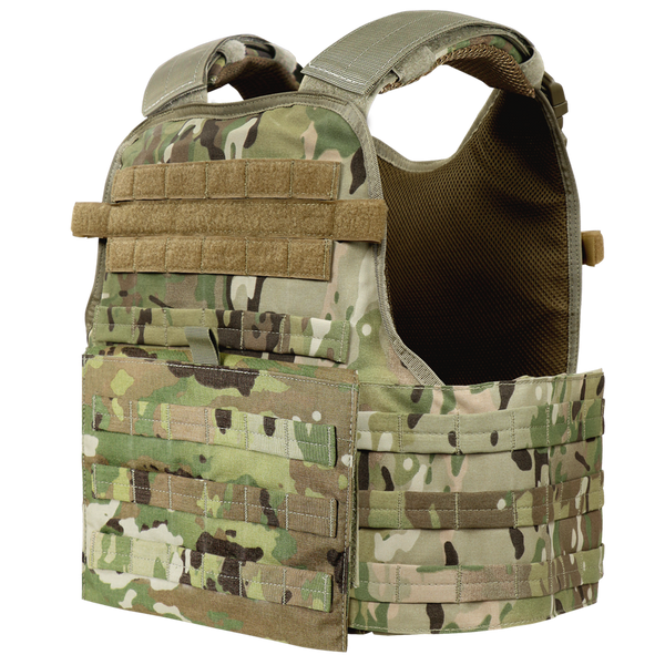 The Condor Modular Operator Plate Carrier Gen II in MultiCam features multiple attachment points and padding, designed for military or law enforcement use.
