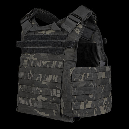 The Condor Modular Operator Plate Carrier Gen II in MultiCam Black features multiple straps, mesh inner lining, and Velcro panels for gear carriage and protection.
