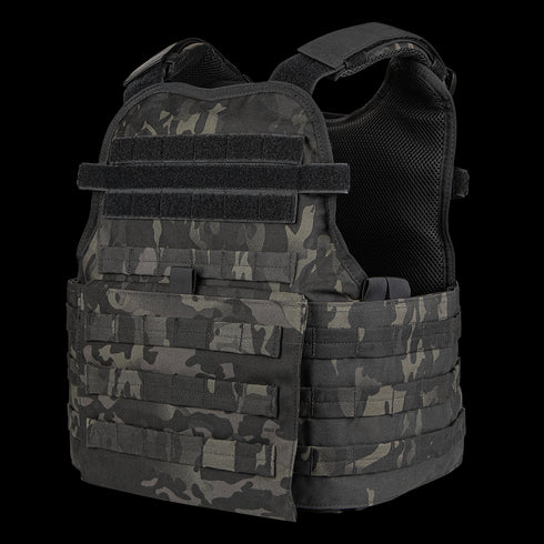 The Condor Modular Operator Plate Carrier Gen II in MultiCam Black features MOLLE webbing and adjustable shoulder straps, shown on a plain background.