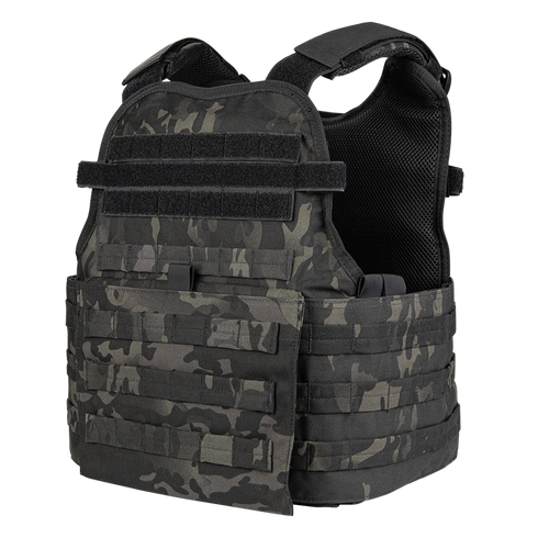 The Condor Modular Operator Plate Carrier Gen II in MultiCam Black features MOLLE webbing and adjustable shoulder straps, shown on a plain background.