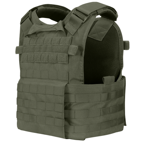 The Condor Modular Operator Plate Carrier Gen II in olive green features multiple webbing straps and Velcro panels for modular attachments and body armor protection, displayed against a white background.