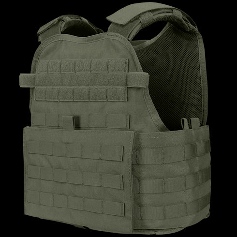 The Condor Modular Operator Plate Carrier Gen II is an olive green tactical vest featuring multiple rows of MOLLE webbing, adjustable shoulder and waist straps, and a padded interior for enhanced comfort and support.