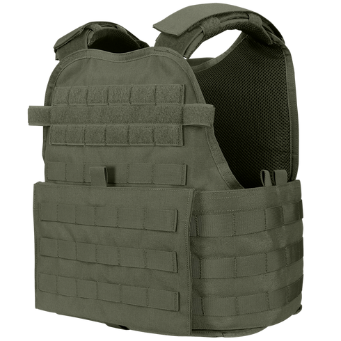 The Condor Modular Operator Plate Carrier Gen II is an olive green tactical vest featuring multiple rows of MOLLE webbing, adjustable shoulder and waist straps, and a padded interior for enhanced comfort and support.
