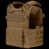 The Condor Modular Operator Plate Carrier Gen II is a brown vest with multiple rows of MOLLE webbing and adjustable shoulder straps, designed for holding armor plates and attaching gear.