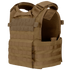 The Condor Modular Operator Plate Carrier Gen II is a brown vest with multiple rows of MOLLE webbing and adjustable shoulder straps, designed for holding armor plates and attaching gear.