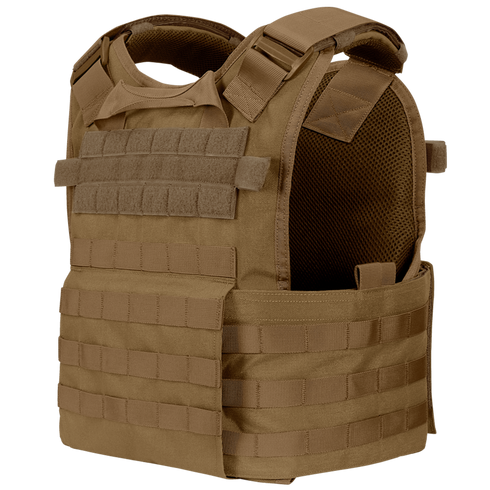 The Condor Modular Operator Plate Carrier Gen II is a tan tactical vest with MOLLE webbing and Velcro panels, designed for armor plates and attaching accessories.