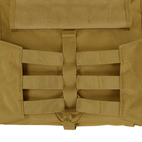 Close-up of the Condor Modular Operator Plate Carrier Gen II in MultiCam Black, showing its back panel with horizontal webbing and a central vertical strap for modular attachments—perfect for bushcraft or EDC use.