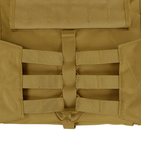 Close-up of the Condor Modular Operator Plate Carrier Gen II in MultiCam Black, showing its back panel with horizontal webbing and a central vertical strap for modular attachments—perfect for bushcraft or EDC use.