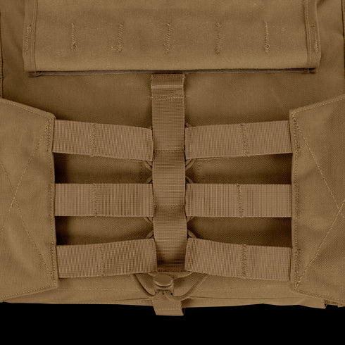 Close-up of the Condor Modular Operator Plate Carrier Gen II in tan, featuring MOLLE webbing and straps for attaching gear and accessories.