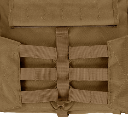 Close-up of the Condor Modular Operator Plate Carrier Gen II in tan, featuring horizontal MOLLE webbing and buckles for attaching gear or accessories.