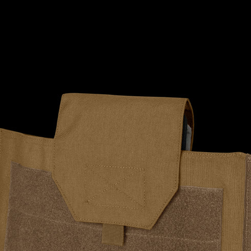 Close-up of the Condor Modular Operator Plate Carrier Gen IIs tan pocket with flap cover, secured by hook-and-loop fastener and featuring reinforced stitching details.