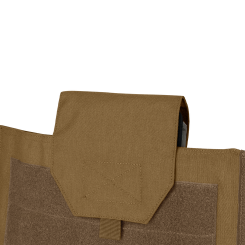 Close-up of the Condor Modular Operator Plate Carrier Gen IIs tan pocket with flap cover, secured by hook-and-loop fastener and featuring reinforced stitching details.