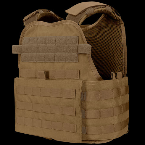 The Condor Modular Operator Plate Carrier Gen II in tan features adjustable straps, Velcro panels, and MOLLE webbing for gear attachment, shown against a plain background.