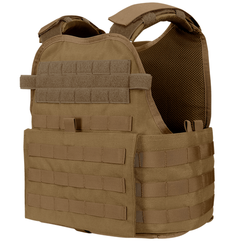The Condor Modular Operator Plate Carrier Gen II in tan features adjustable straps, Velcro panels, and MOLLE webbing for gear attachment, shown against a plain background.