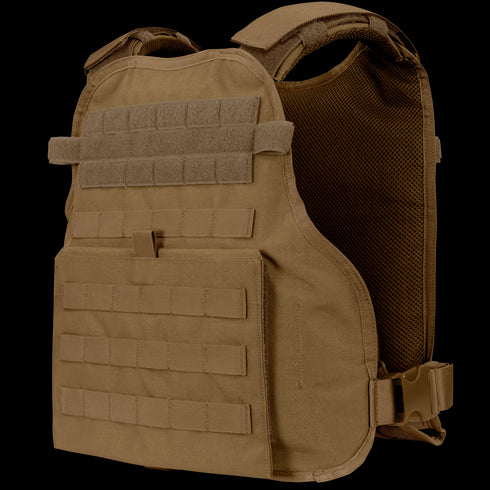 The Condor Modular Operator Plate Carrier Gen II is a tan tactical vest featuring adjustable straps, front MOLLE webbing, and hook-and-loop fastener panels for patches or identification.