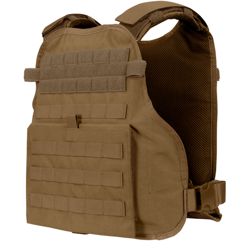 The Condor Modular Operator Plate Carrier Gen II is a tan tactical vest featuring adjustable straps, front MOLLE webbing, and hook-and-loop fastener panels for patches or identification.
