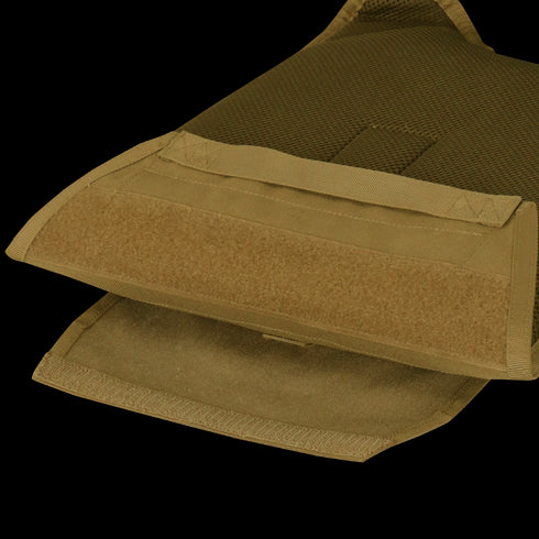 Close-up of the Condor Modular Operator Plate Carrier Gen II in Scorpion OCP, featuring a tan tactical pouch with hook-and-loop fastener, displaying inner flap and stitching—ideal for military or EDC use.