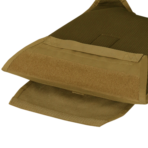 Close-up of the Condor Modular Operator Plate Carrier Gen II in Scorpion OCP, featuring a tan tactical pouch with hook-and-loop fastener, displaying inner flap and stitching—ideal for military or EDC use.