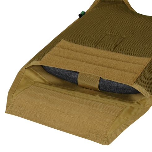 A close-up of the Condor Modular Operator Plate Carrier Gen II in Scorpion OCP shows a pocket with a partially inserted protective plate, ideal for military or shooting range use.