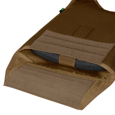 A close-up of the Condor Modular Operator Plate Carrier Gen II shows an open brown pocket with a gray ballistic plate inside.