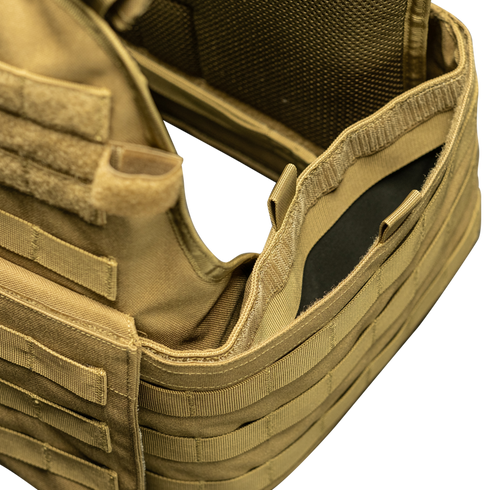 Close-up of the Condor Modular Operator Plate Carrier Gen II in Scorpion OCP, featuring MOLLE webbing and an open side pocket that reveals interior padding.