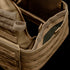 Close-up of the Condor Modular Operator Plate Carrier Gen II in tan, featuring MOLLE webbing and an open compartment displaying the inner padding or plate insert.