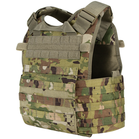The Condor Modular Operator Plate Carrier Gen II in Scorpion OCP features adjustable shoulder straps, MOLLE webbing, and a drag handle—designed to carry armor plates and gear securely.