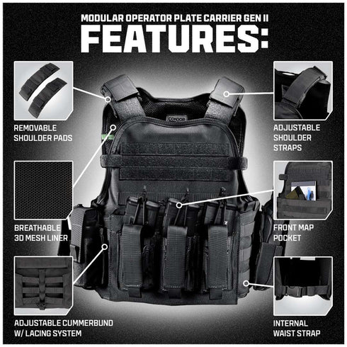 The Condor Modular Operator Plate Carrier Gen II in MultiCam Black features removable shoulder pads, adjustable straps, a breathable mesh liner, front map pocket, adjustable cummerbund, and an internal waist strap.