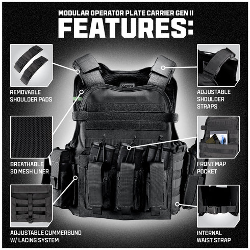 The Condor Modular Operator Plate Carrier Gen II in Scorpion OCP features removable shoulder pads, a breathable mesh liner, an adjustable cummerbund and shoulder straps, a front map pocket, and an internal waist strap.