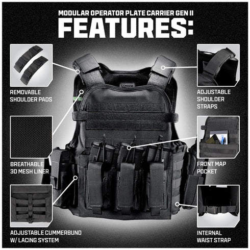 The Condor Modular Operator Plate Carrier Gen II is shown in black with labeled features such as removable shoulder pads, adjustable straps, mesh liner, front map pocket, cummerbund, and waist strap.