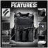 The Condor Modular Operator Plate Carrier Gen II is shown in black with labeled features such as removable shoulder pads, adjustable straps, mesh liner, front map pocket, cummerbund, and waist strap.