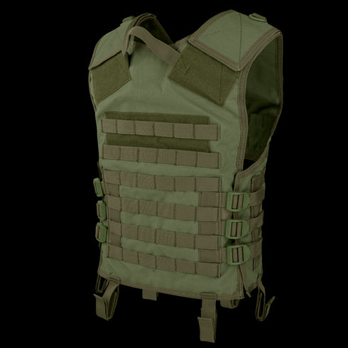 The Condor Modular Vest in olive green features multiple straps, pouches, and buckles for carrying gear and added protection.