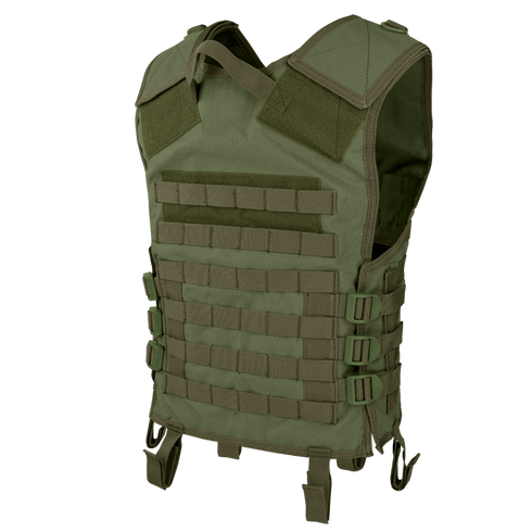 The Condor Modular Vest in olive green features multiple straps, pouches, and buckles for carrying gear and added protection.